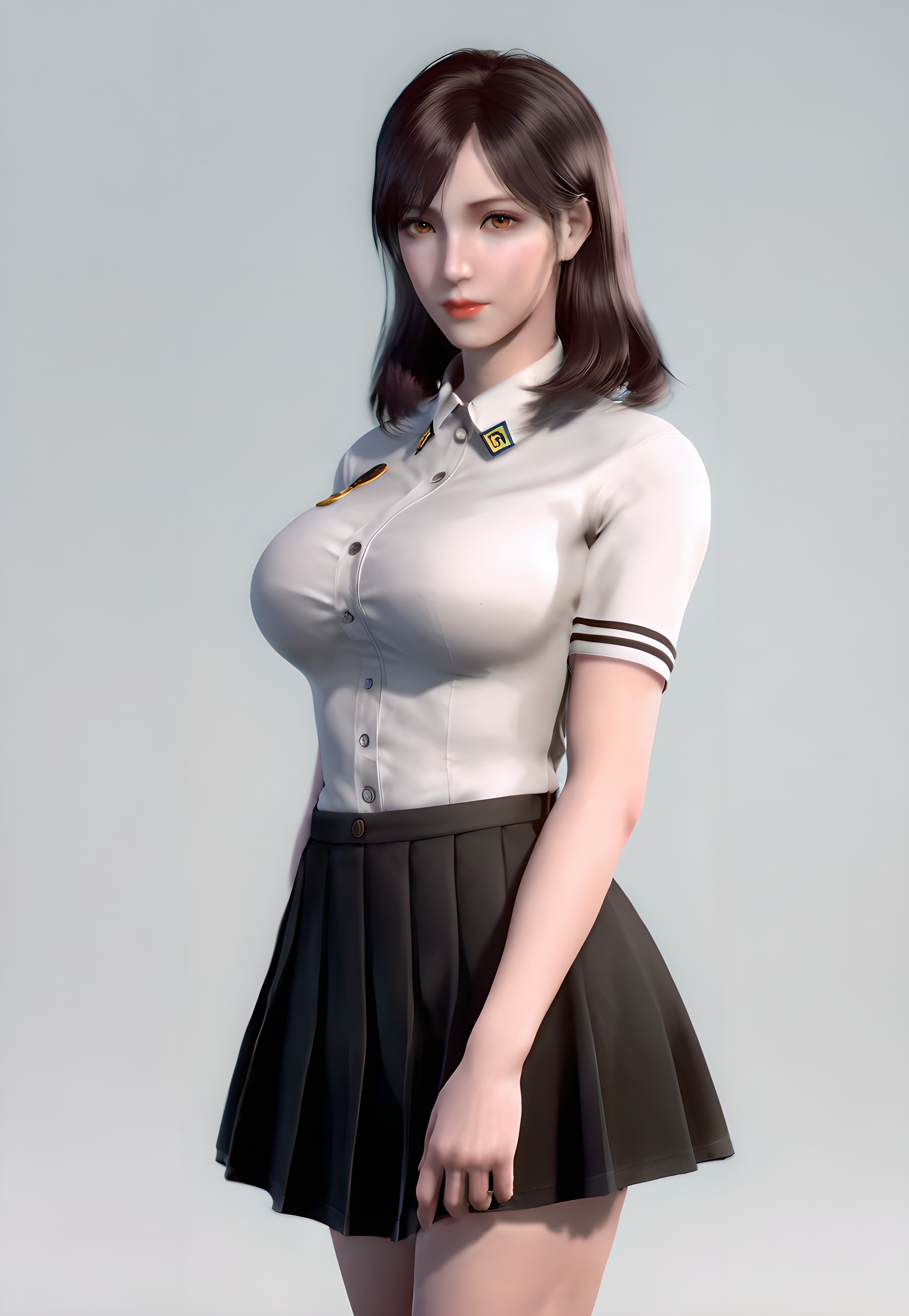 score_9,score_8_up,score_7_up,<lora:SF_XuXin_Pony-000004:0.7>,1girl,solo,standing,white school uniform,black skirt,breasts,large breasts,highleg,red lips,jewelry,looking at viewer,white background,