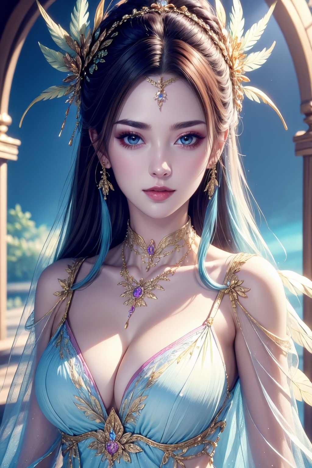 extremely detailed, 1girl, solo, long hair, jewelry, hair ornament, necklace, breasts, cleavage, original, dress, looking at viewer, feathers, pale skin, 