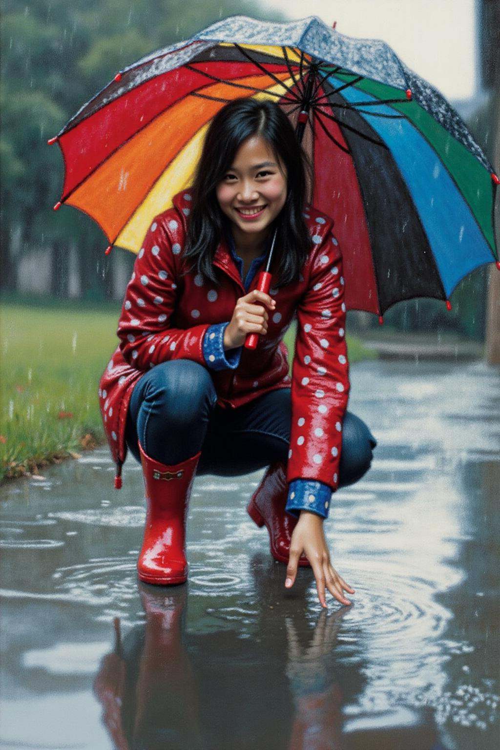 chenyifei2 painting. A watercolor painting captures a young woman,  angled from slightly above and to the right,  crouchin...