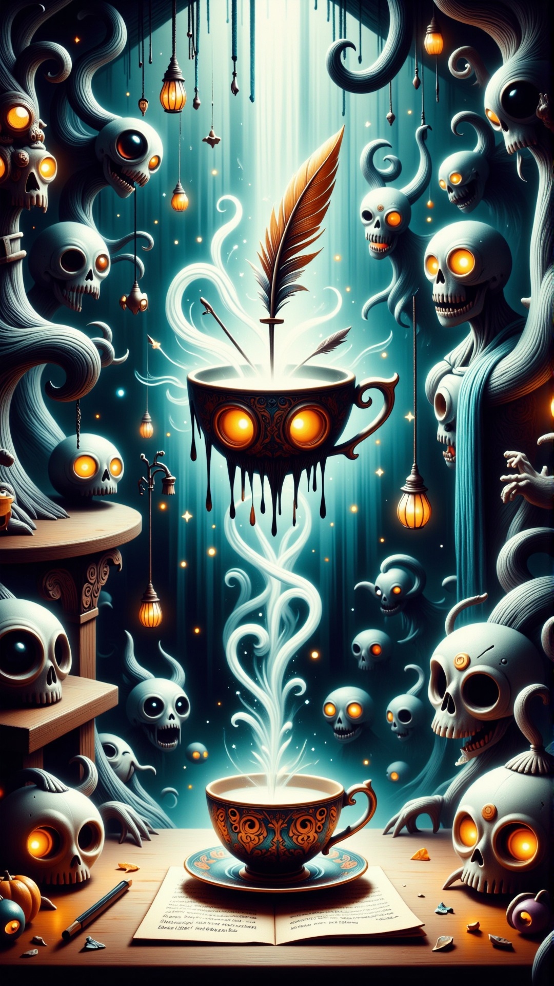 HalloweenGlowStyle orange themed Surrealist oil painting,  feather quill writing,  upside down waterfall on Tensor.Art