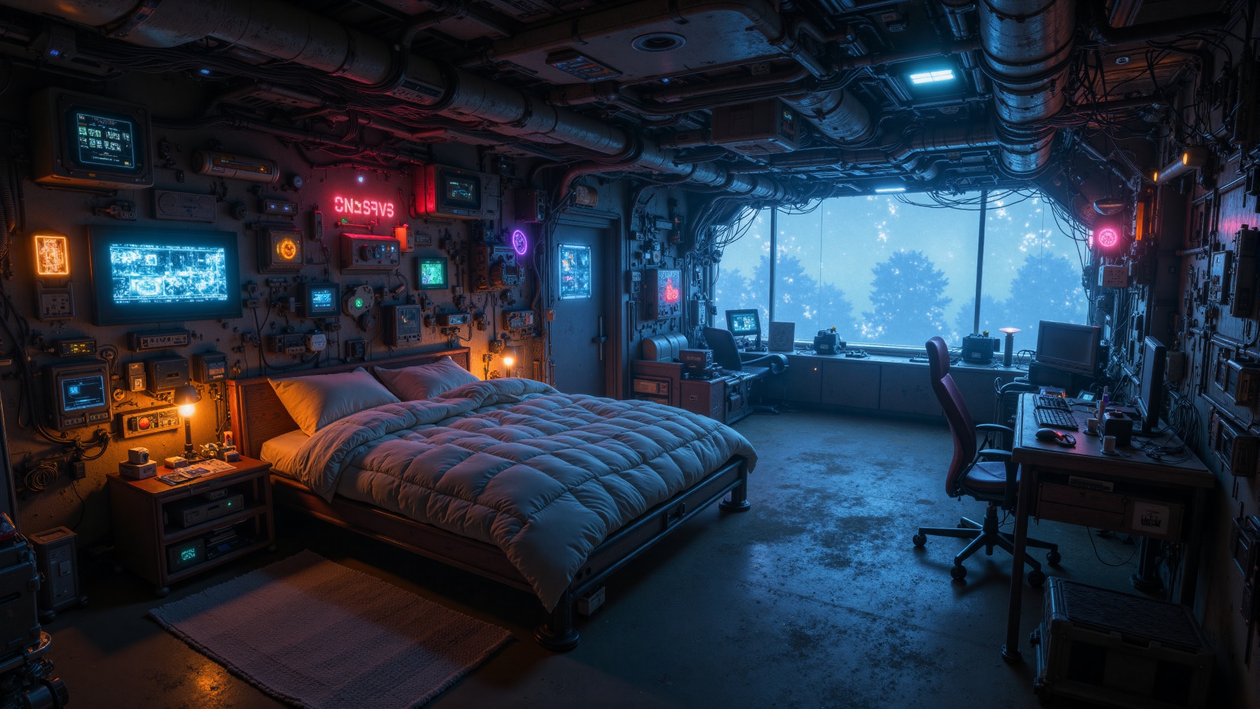 au2,  The image shows a futuristic bedroom with a large bed in the center. The bed is made up with a white comforter and p...
