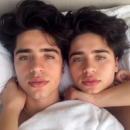2boys,  selfie of Martinez twins in bed,  soft fluffy hair on Tensor.Art