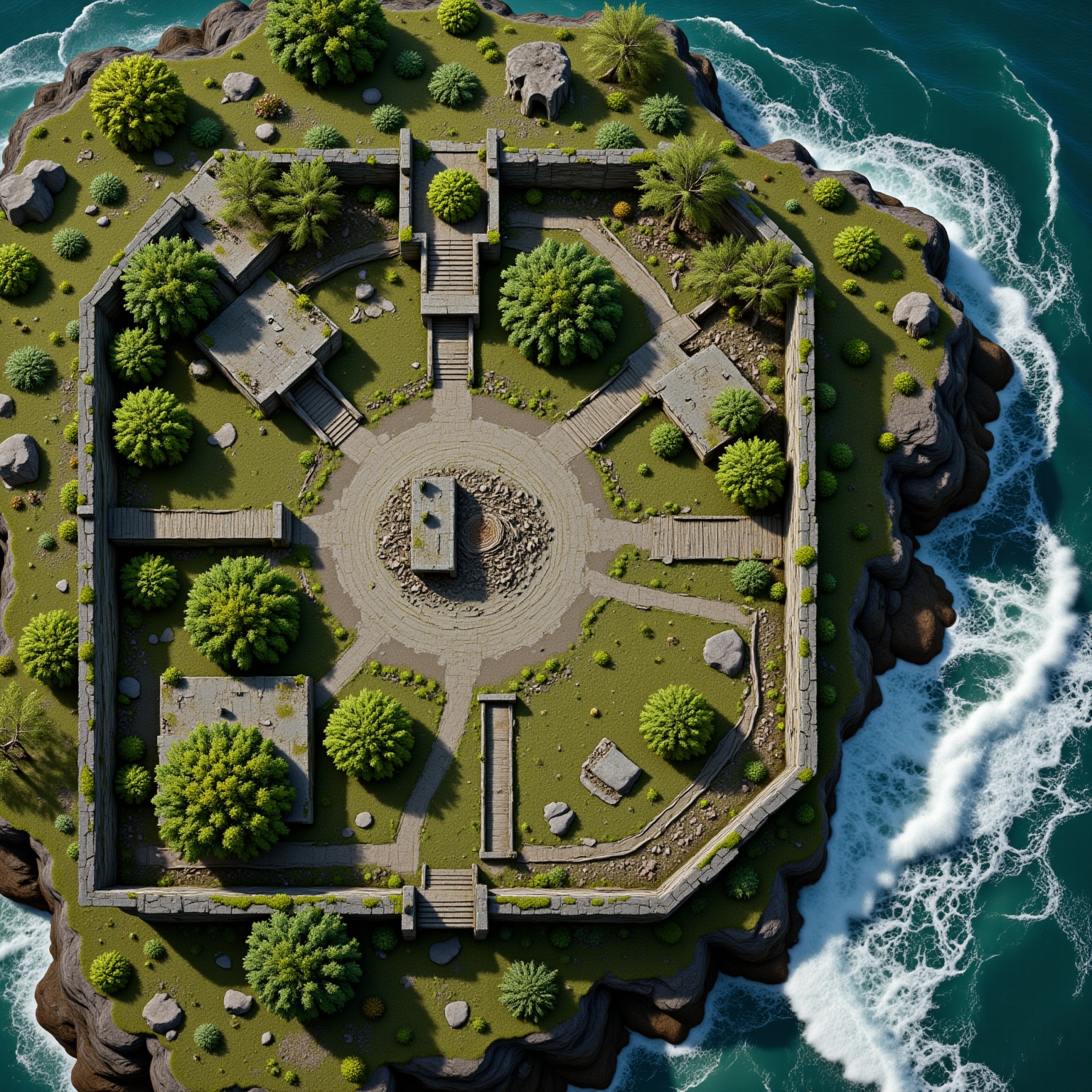 A top-down view of a crumbling overgrown jungle fortress on a storm-battered cliffside,  with shattered battlements,  moss...