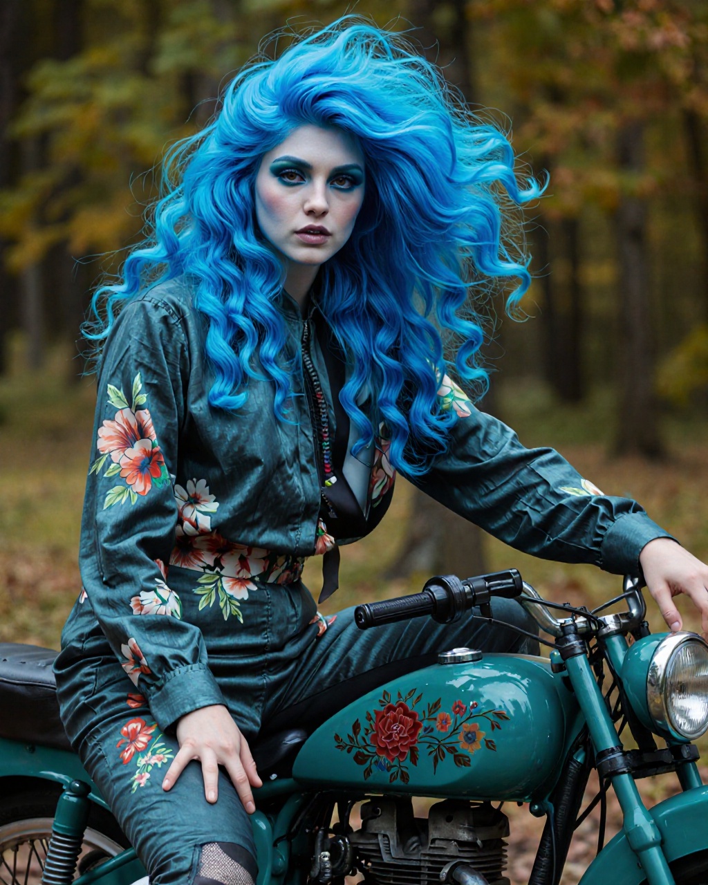 This is a highly detailed,  photorealistic digital artwork depicting a striking,  androgynous individual with bright blue...