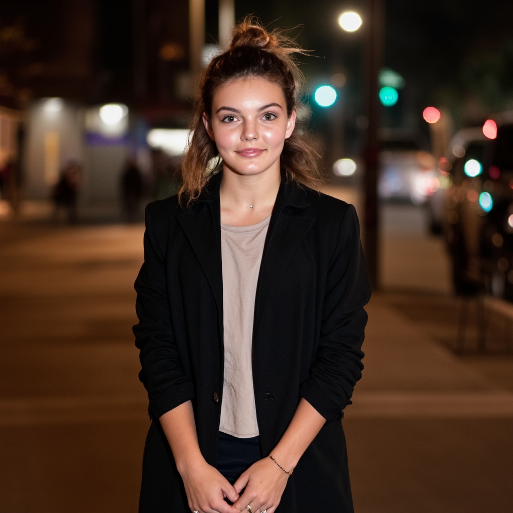 A portrait camren_bicondova standing outdoors at night. She wears a dark blazer and a light-colored top. Her hair is pulled back into a high ponytail, and she has a gentle smile. The woman's hands are clasped in front of her. The background shows a city street illuminated by streetlights and the glow of the city lights. The image is candid and natural, capturing a moment of stillness.