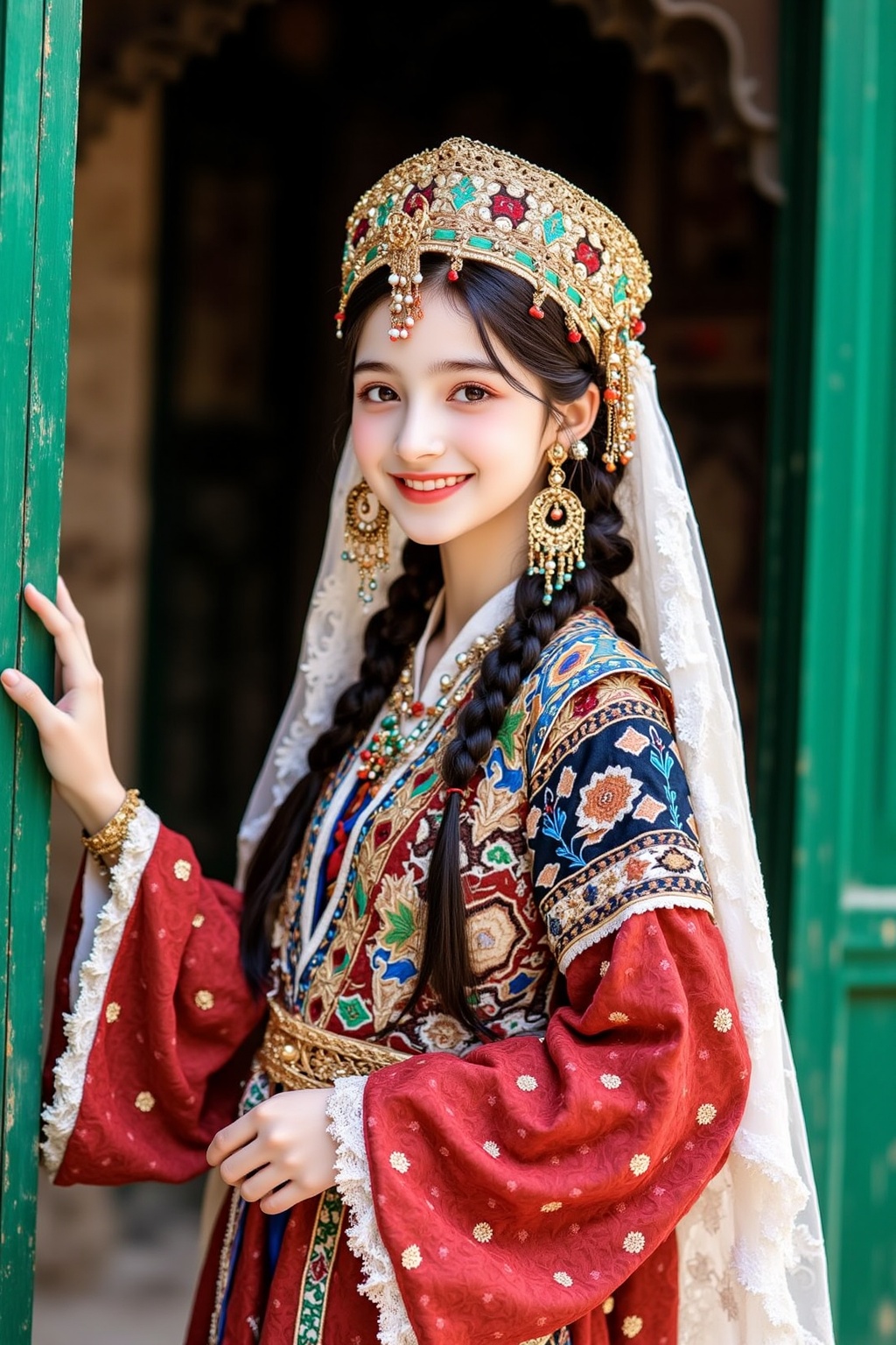 A beautiful girl wearing traditional Uyghur clothing is smiling and posing in front of the entrance of the ancient building of Heping. There are colorful patterns on the fabric, with details including exquisite lace and embroidered gold embroidery. The main color tone is red, with blue or green accents. And a gorgeous headpiece with woven hair accessories. Adorned with golden jewelry, including earrings, necklaces, bracelets, rings, and hair accessories. She has long black braids and wears a white veil on her head. Behind her is a green wall of ancient Chinese architecture. This is a full body portrait photo taken under natural light, in the style of a professional photographer, using the Canon EOS R5 mirrorless camera and macro lens. Chinese art style high-definition photography. High resolution.