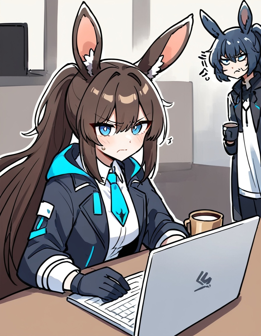 zmgwshnmspfd, 1girl, doctor \(arknights\), arknights,zmgwshnmspfd, brown hair, animal ears, long hair, rabbit ears, blue eyes, bangs, hair between eyes, sidelocks, ponytail, laptop, jacket, indoors, upper body, coat, white shirt, hooded jacket, long sleeves, looking at viewer, blue gloves, shirt, hood, holding cup, blush, coffee mug, mug, hood down, animal ear fluff, smile, gloves, cup, holding, open coat, computer, black jacket, open clothes, solo focus, closed mouth<lora:zmgwshnmspfd:1>​​​