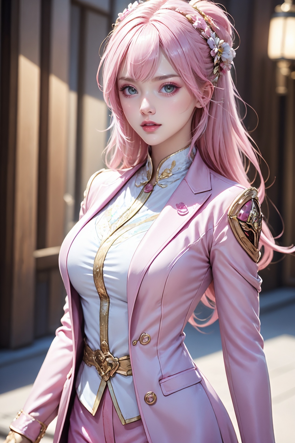 1girl,standing,upper body,white shirt and pink suit,pure beauty,