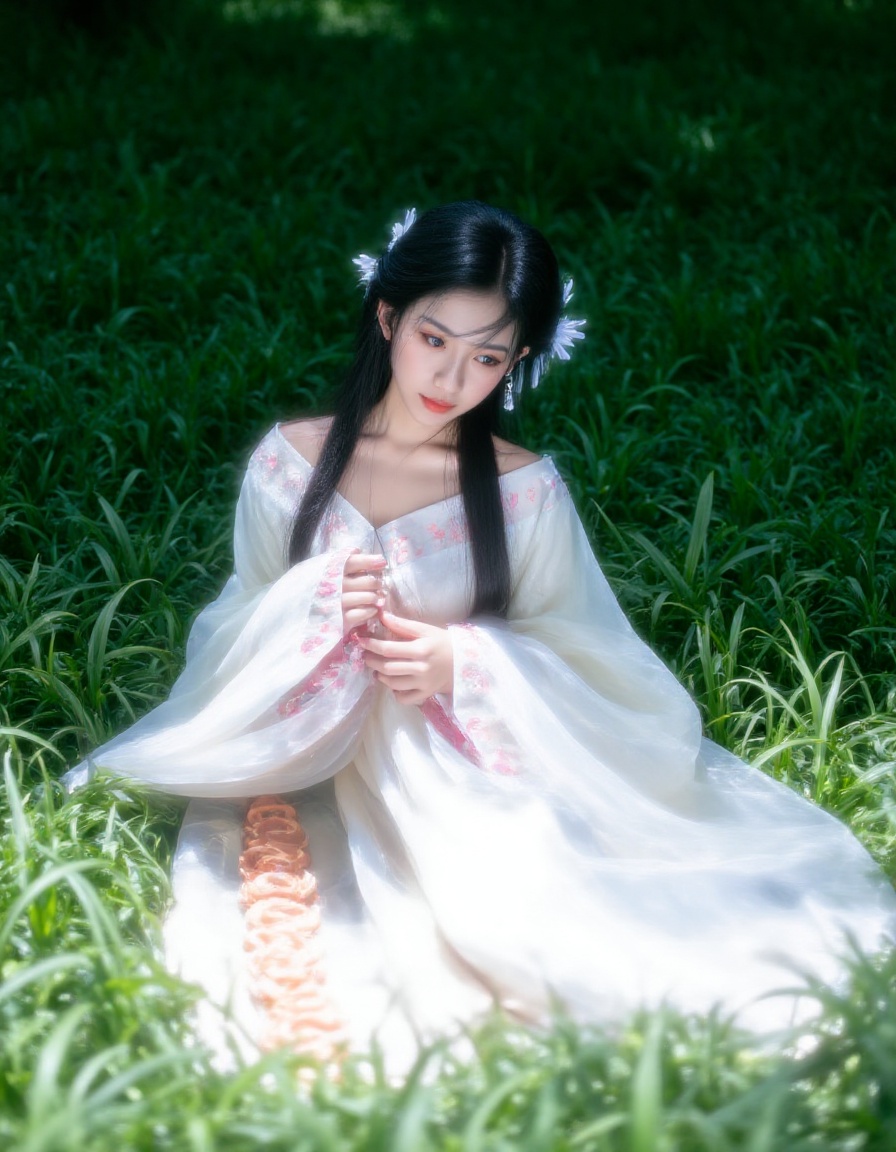 A woman wearing Hanfu sat in a vibrant green grass,with white flowers decorating her hair. She was wearing a flowing white dress adorned with orange flowers,adding a touch of color to her outfit. Her hair was combed into smooth wavy hair,with a few small pink flowers pinned to her head. Her eyes are deep blue,and her lips are deep pink,<lora:lora.rouguang.6:1>,