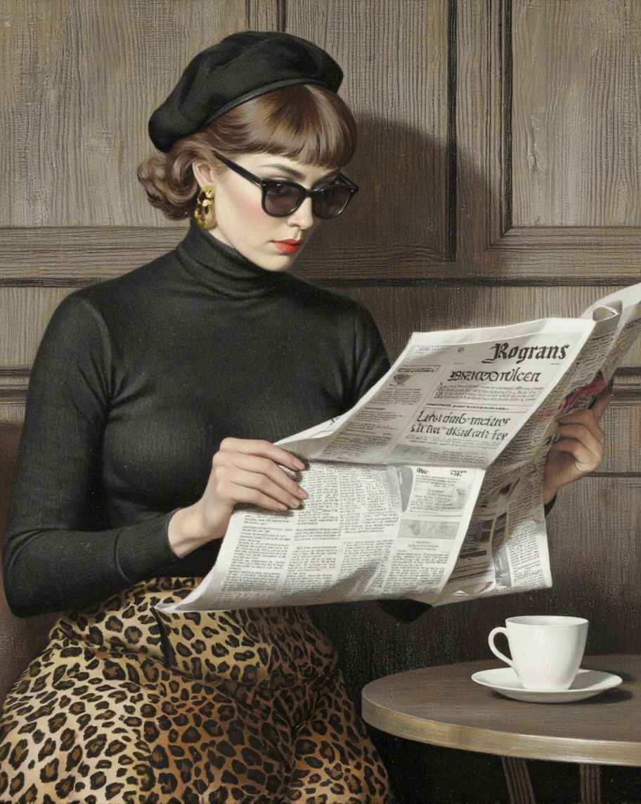 RobGin style. A painting of a woman sitting at a table in a cafe,  reading a newspaper while wearing a black turtleneck sw...