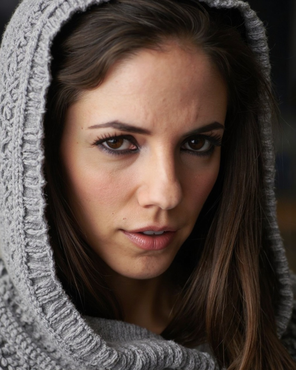 a close-up,  intimate portrait of anna_silk with fair skin and light freckles,  featuring striking brown eyes and full on...