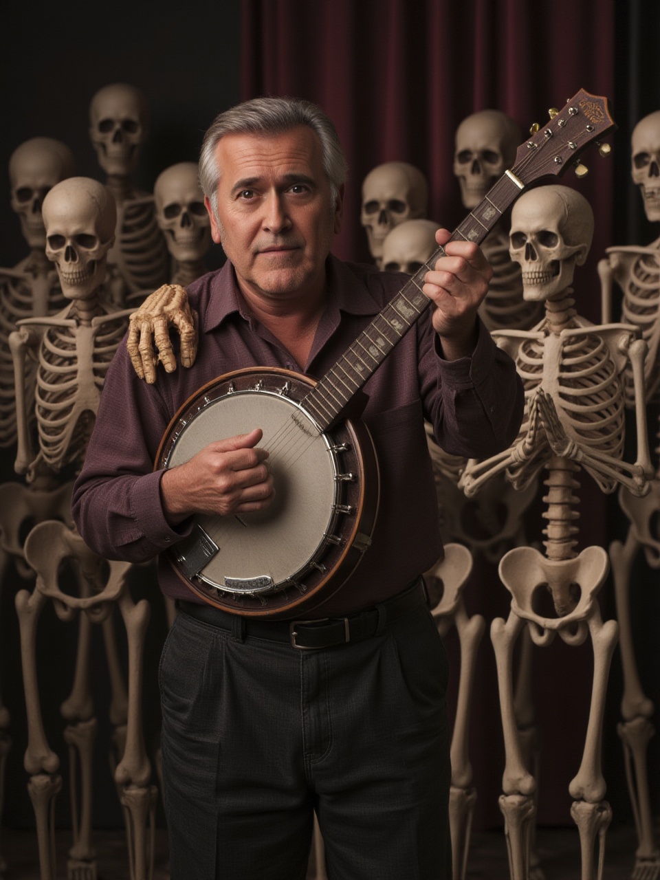 8ruc3c4mp83ll An elderly man trying to charm an audience at a talent show,  playing the banjo with a rubber hand attached...