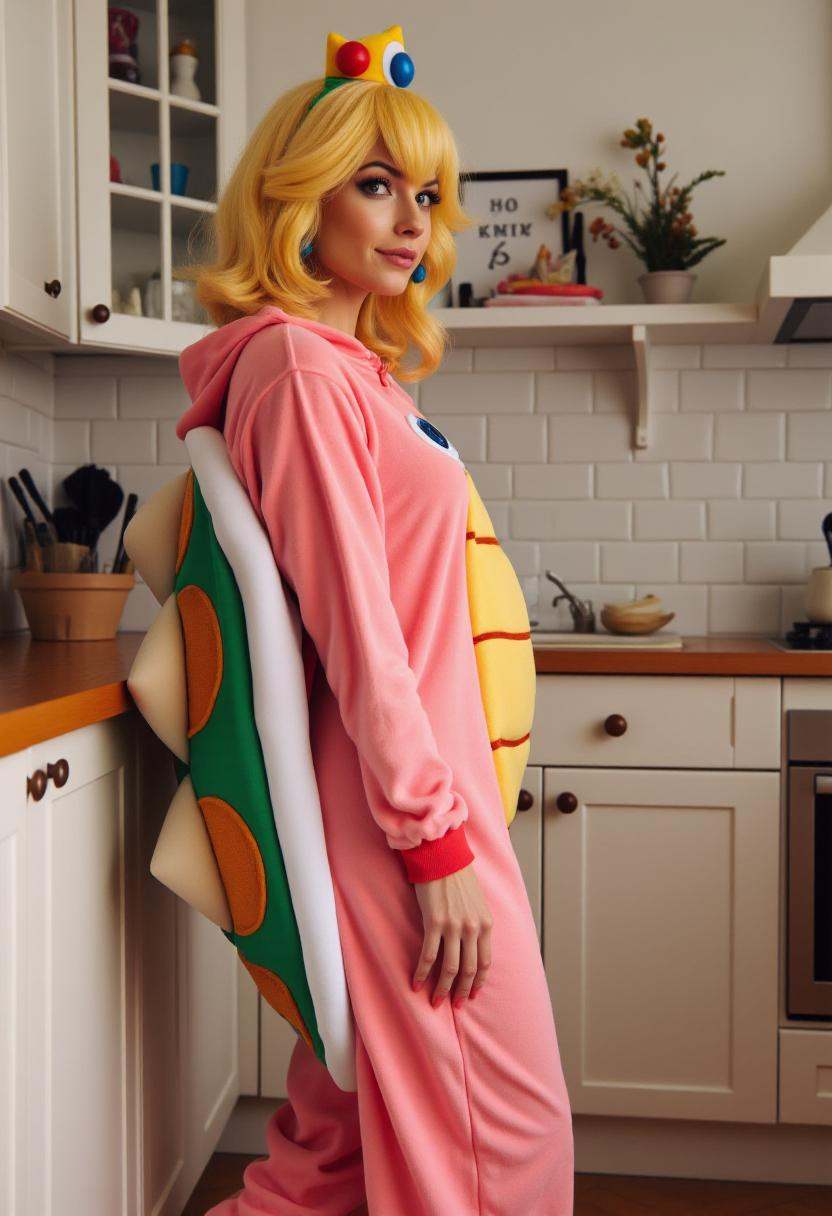 Photograph featuring Princess Peach wearing a onesie with a hood and a spiky turtle shell on the back,  designed to resemb...