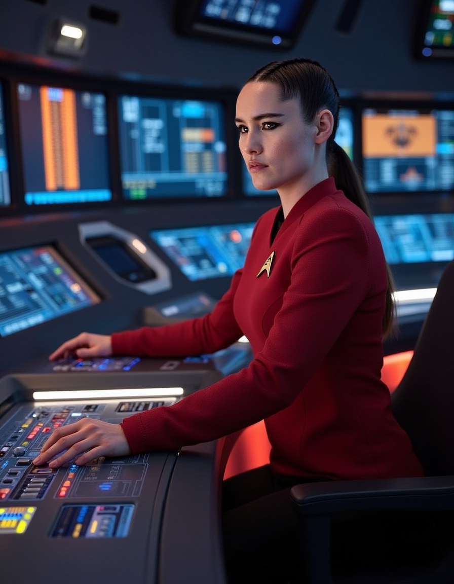 A futuristic control room scene featuring a female star trek officer in a striking red uniform,  seated at a high-tech con...