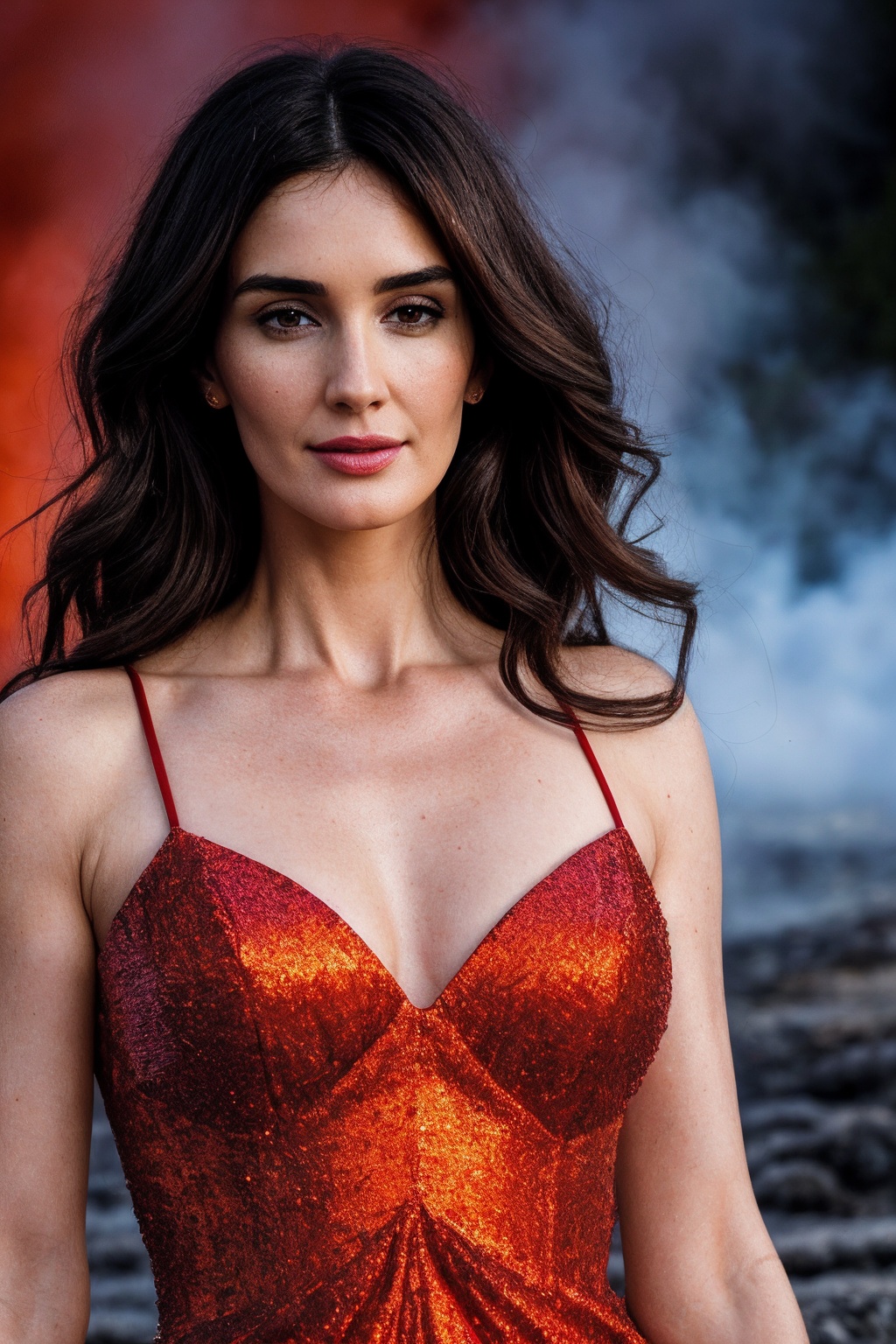 PazV_SoloTI_v1,  (In a vibrant dress of fiery orange and red,  adorned with flame-like patterns and sparkling sequins on T...