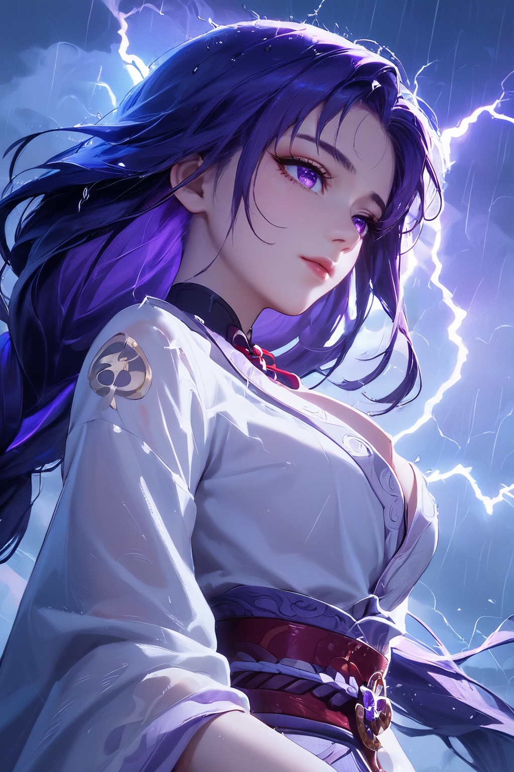 score_9,score_8_up,score_7_up,Raiden Shogun,focus,beautiful eyes,noble purple,cicada wing,thundercloud weather,lightning,dark oppressive skies,rain,cowboy_shot,from_below,light particle effect,sharp lighting,