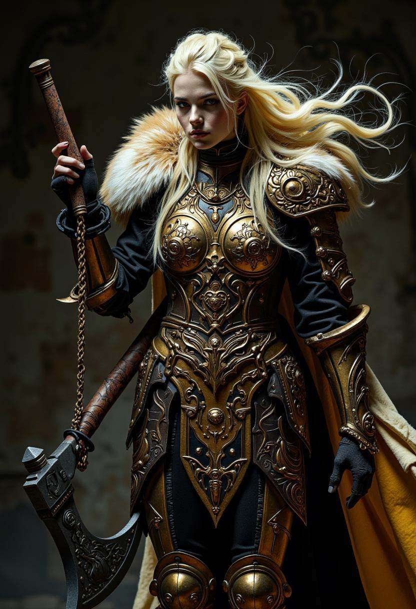 A highly detailed cinematic photograph depicting a fantastical mythic scene in Fanmytwor style ofa powerful female warrior...