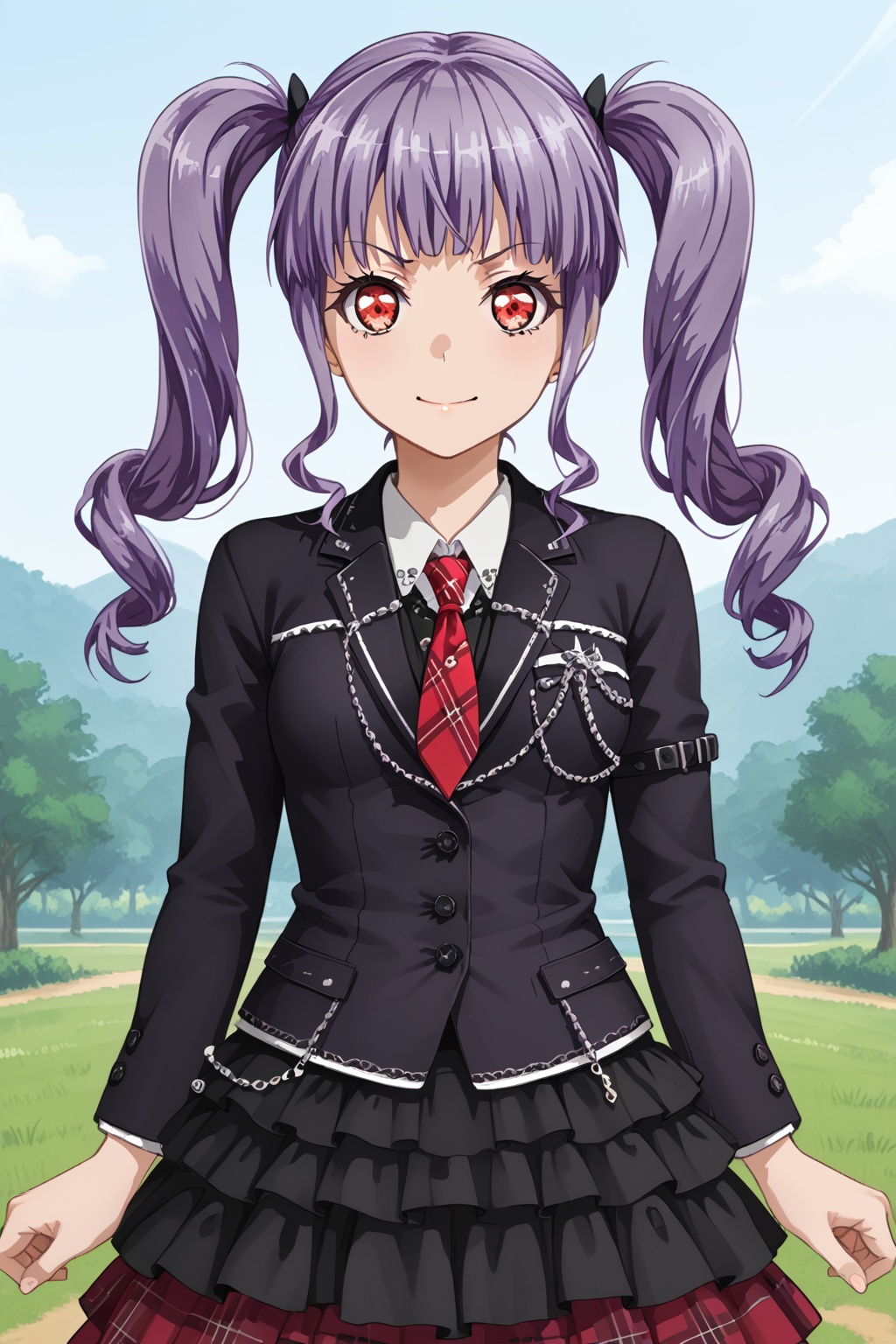 udagawa ako, bangs,red eyes,twintails,purple hair<lora:yaziako:0.8>