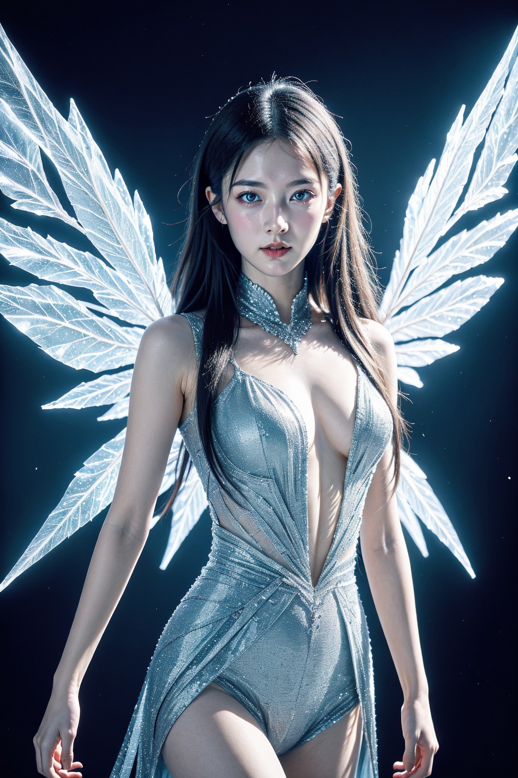 1girl, solo, long hair, breasts, wings, black hair, ice, are shoulders, light particles