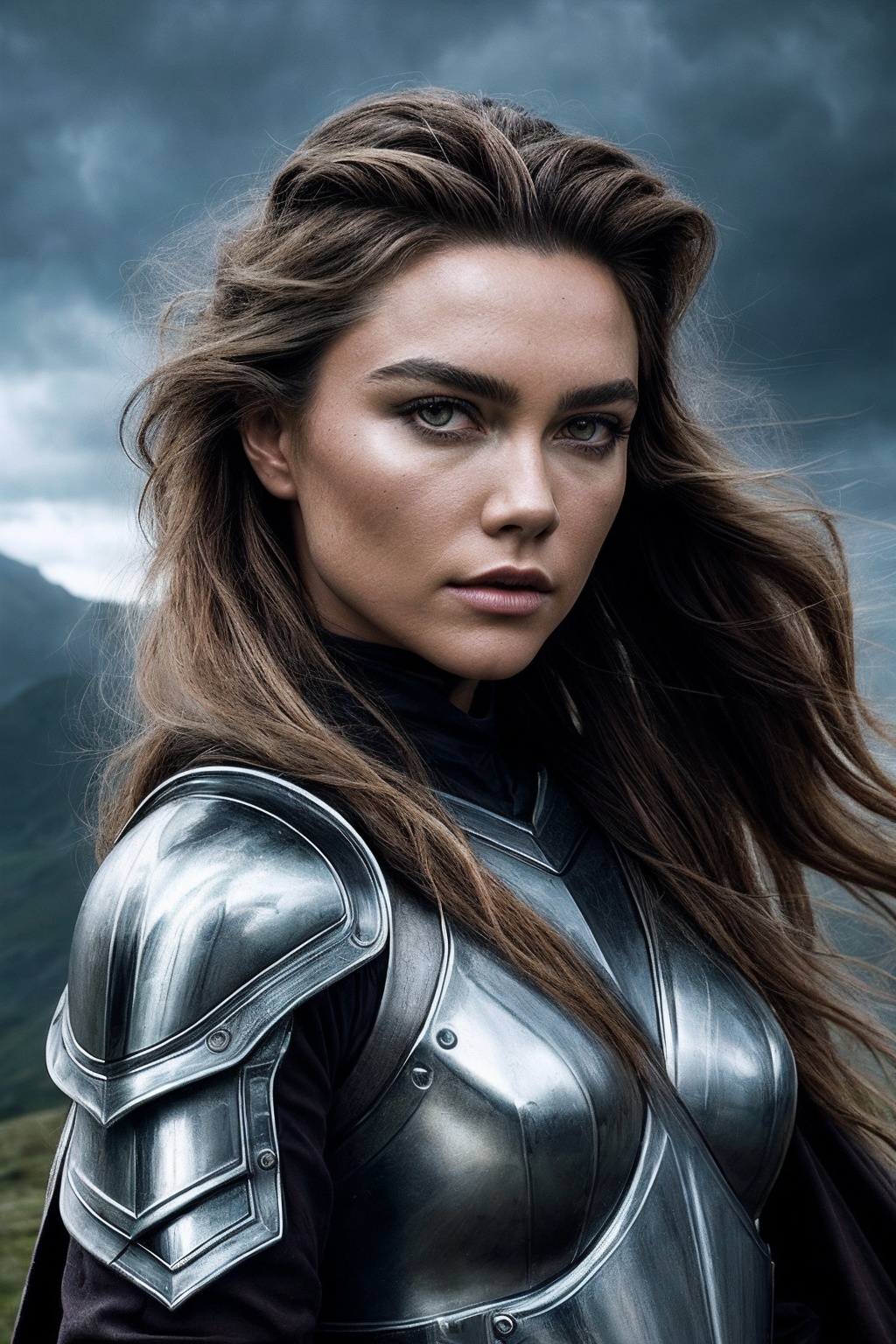 FlorenceP_SoloTI_v1,  (In a fierce,  battle-ready armor with intricate metallic detailing and flowing on Tensor.Art
