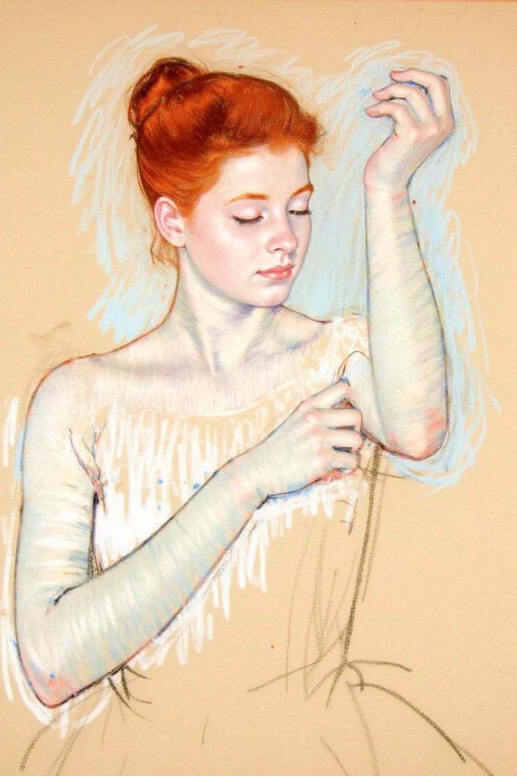 marycassatt2 drawing.A young woman with bright red hair styled in a neat,  high bun is shown with her eyes closed. She is...