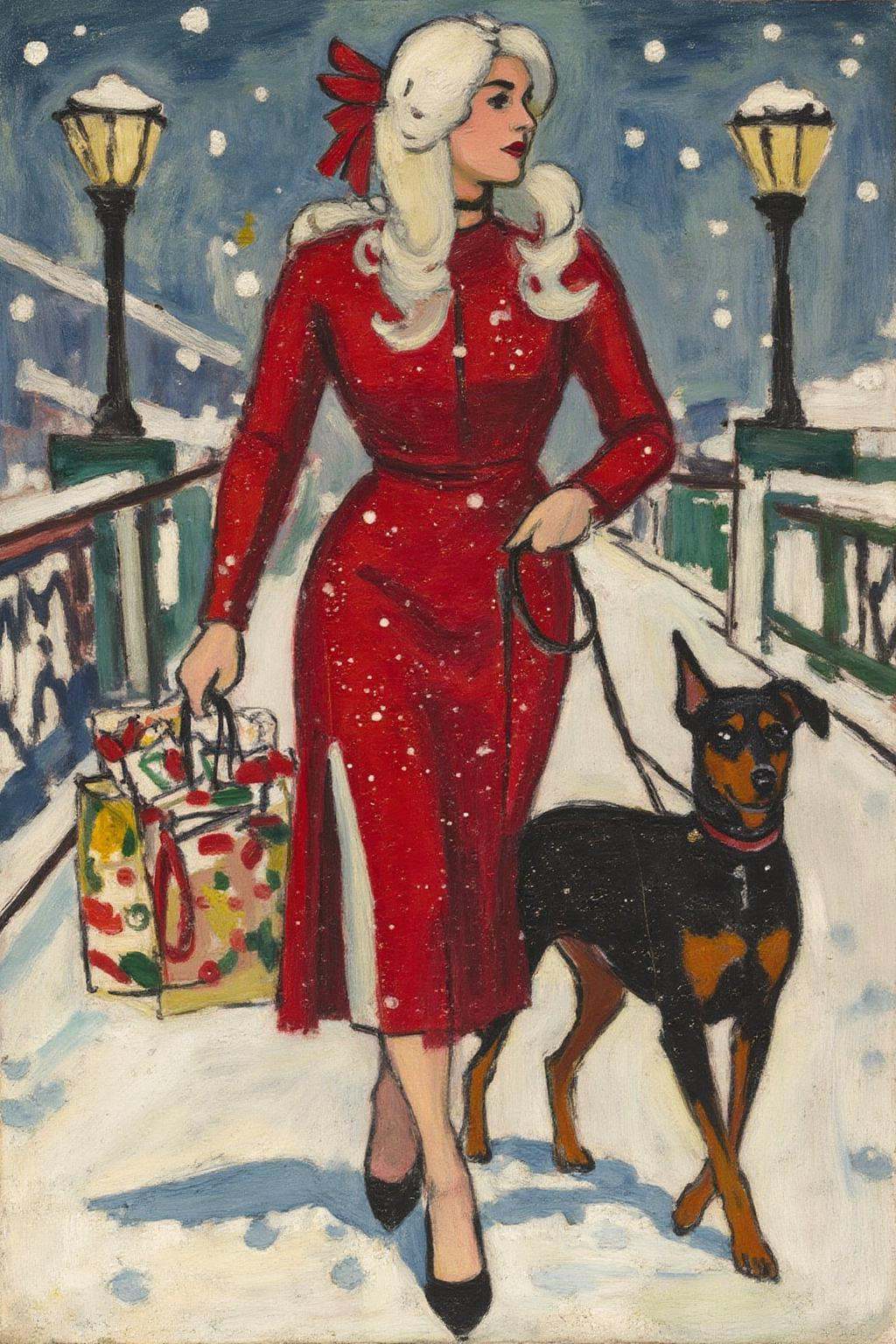 henrylymansayen1 painting.A woman with long,  wavy white hair is wearing a red dress with a high slit and a red bow in her...