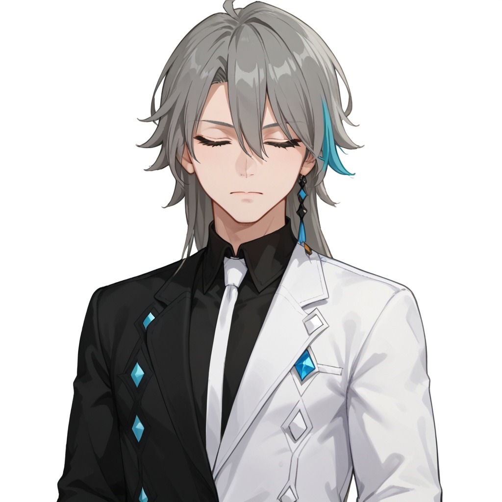(white background:1.2),looking at viewer,(SOLO:1.4),outline,simple background,upper body, cowboy shot,looking at viewer,(((arms at side))),  su,long hair, 1boy,male focus,  jewelry, closed mouth, closed eyes, grey hair,multicolored hair,hair between eyes,streaked hair,<lora:su-cg-pony:0.7>