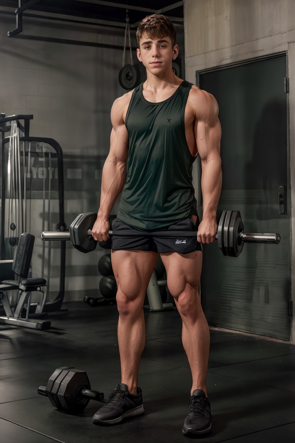 modern gym weight room,  sweaty,  scrawny JoeyMills on Tensor.Art