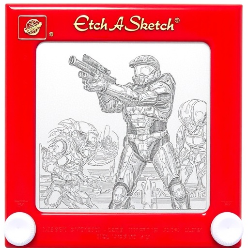This image is a detailed drawing rendered in a sketch style,  framed within a red border,  resembling a classic Etch A Ske...
