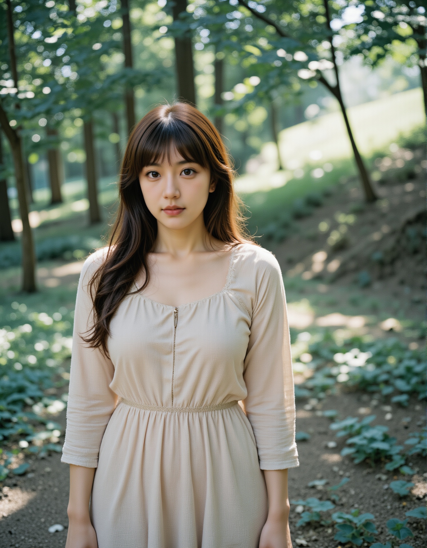 A young woman with long,  wavy brown hair and fair skin stands in a sunlit forest,  wearing a light beige on Tensor.Art