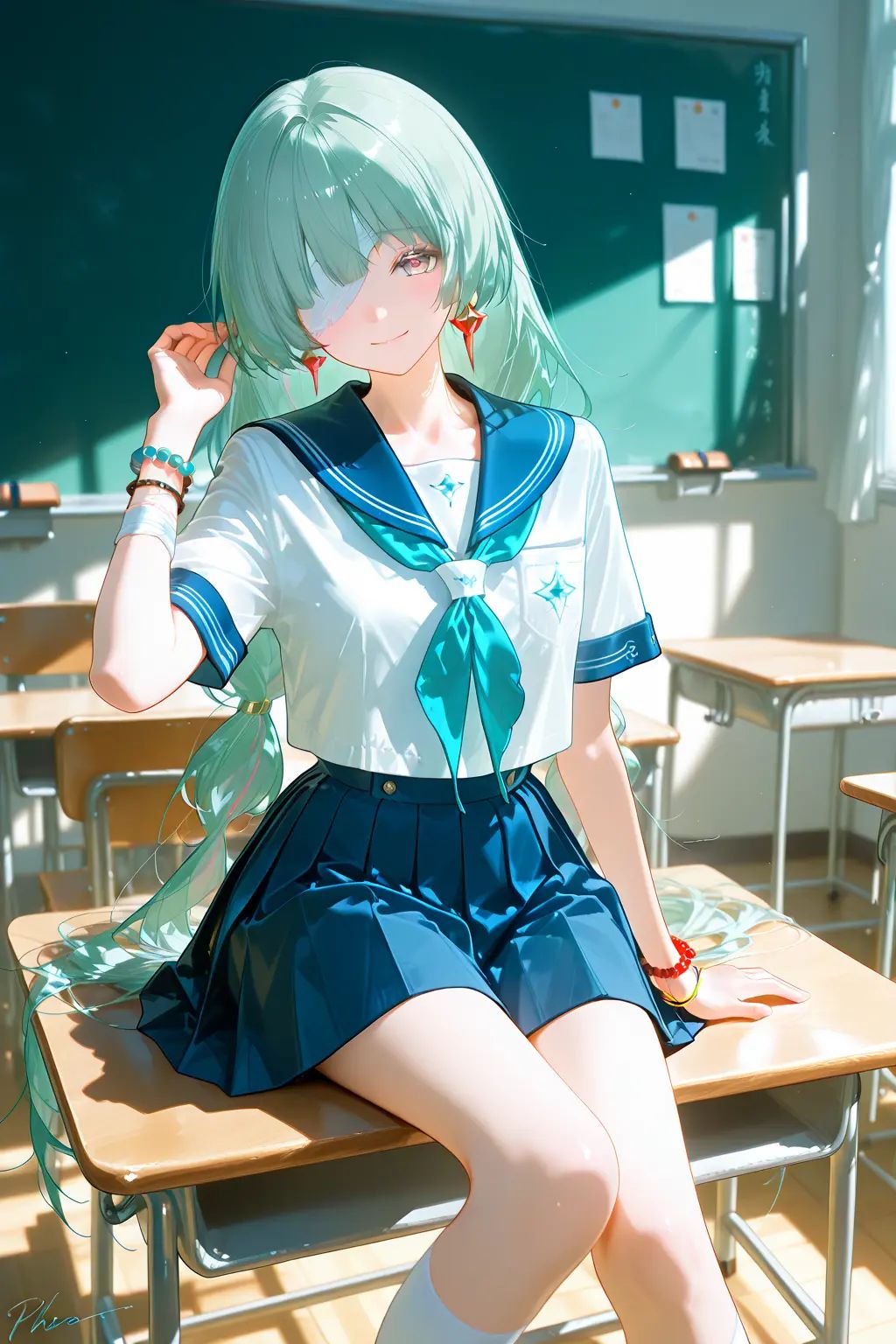 phrolova(wuthering waves),  green hair,  bandage over one eye on Tensor.Art