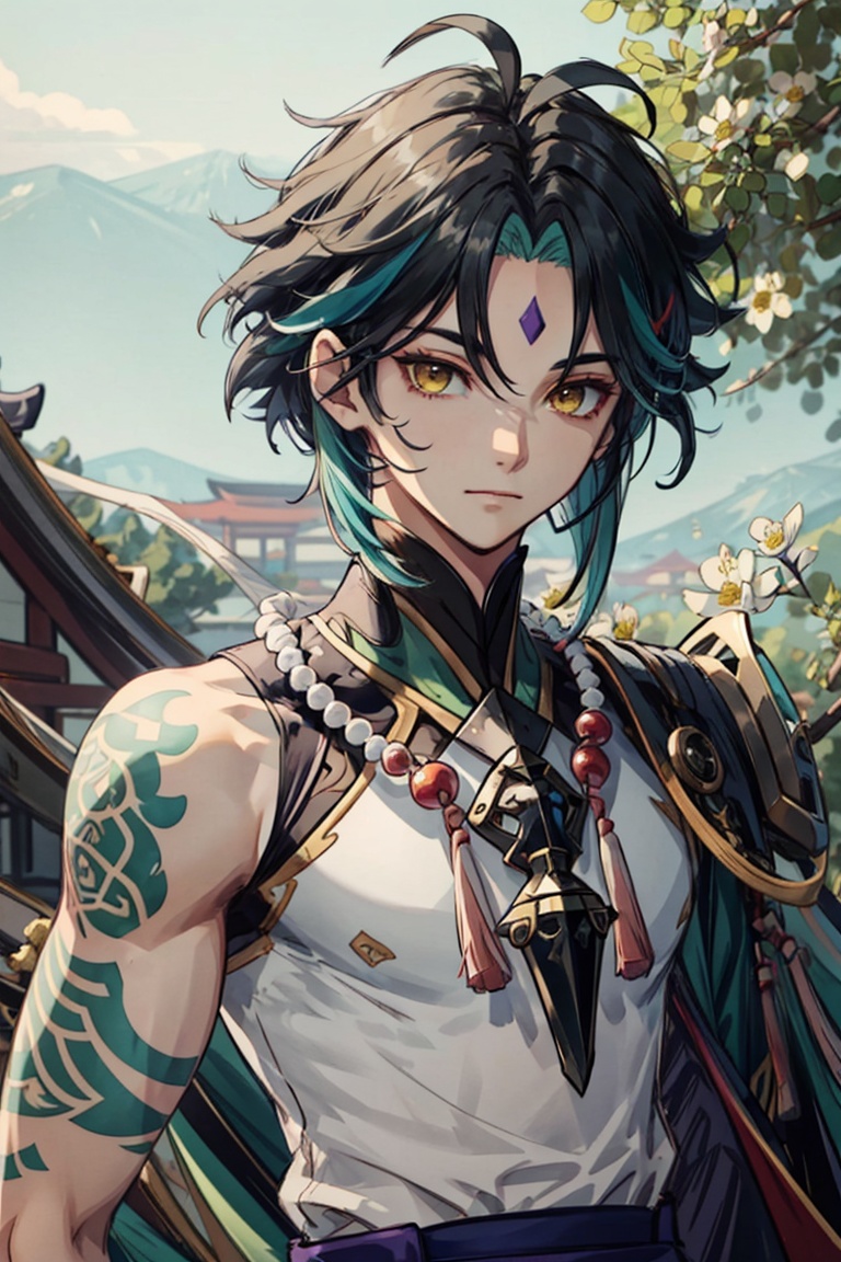 <lora:xiao:0.8>,xiao (genshin impact),1boy,solo,male focus,arm tattoo,(tassel),yellow eyes,diamond purple solid mark,forehead mark,multicolored hair,black hair,green hair,closed mouth,ahoge,green gloves,bangs,asymmetrical clothes,outdoors,looking at viewer,white flower,tree,upper_body,(bead_necklace:0.7),