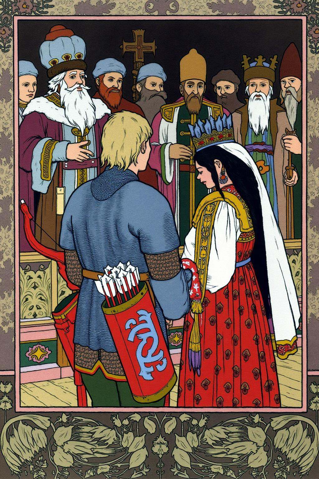 ivanbilibin1 illustration. A blonde knight,  carrying a bow and quiver full of arrows,  stands on the left with his back t...