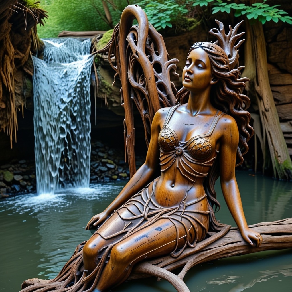 made of wood,  a siren,  antique statue on Tensor.Art