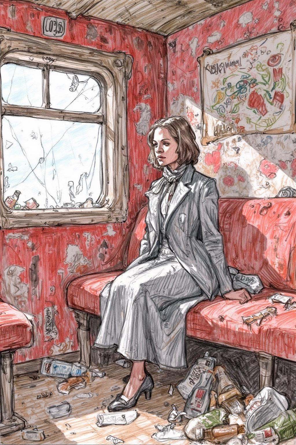 Pencil sketch.A girl sitting in a dilapidated train car. The train's red interior is faded and worn,  with patches of rust...