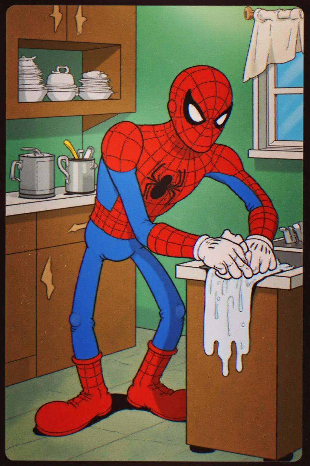 rubber hose animation style.Spiderman washing dishes in the kitchen on Tensor.Art