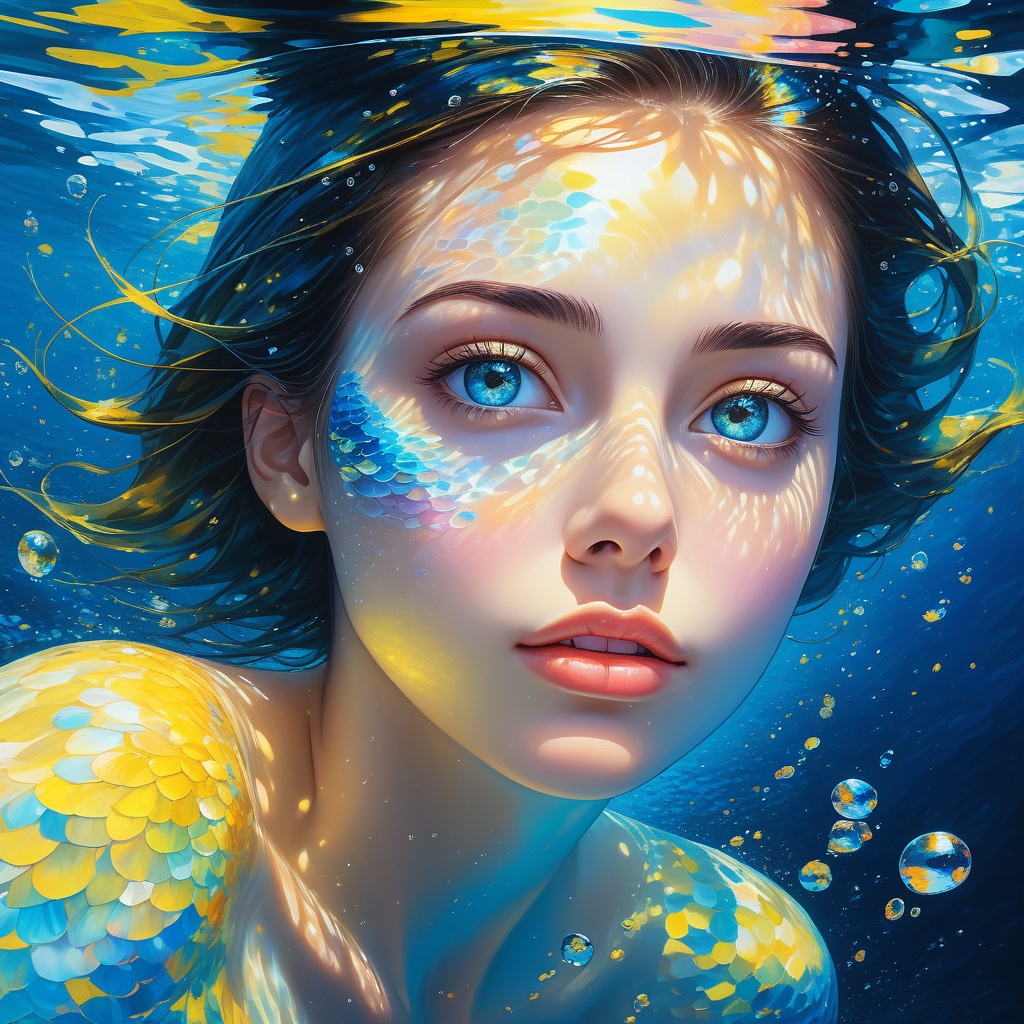 girl swims underwater,hyper detailed render style,glow,yellow,blue,brush,surreal oil painting,shiny eyes,head closeup,exaggerated perspective,tyndall effect,water drops,mother of pearl iridescence,holographic white,black background,