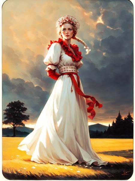 1girl,  full body of beautiful blonde lady in traditional white dress with ornate red frills,  arms behind back on Tensor.Art
