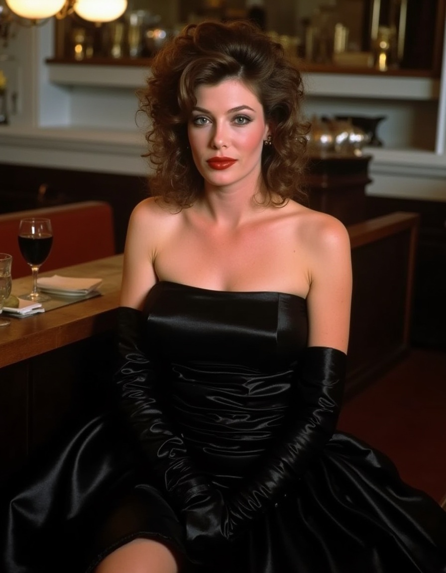 This is a color photograph featuring a woman in a cafe. She has a fair complexion and is wearing a striking,  strapless bl...