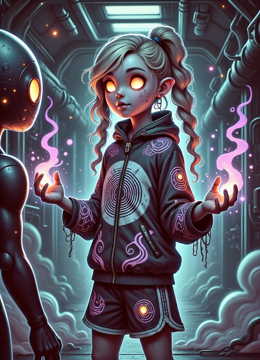 A young DonMPr1nc3551000FX,  female with platinum blonde box braids hair,  wearing augmented reality overlay pattern sonic...