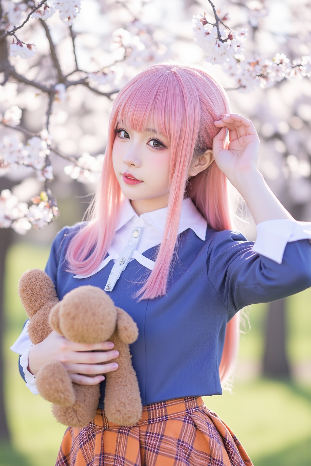 cosplay photography,cosplay photography,a young female wearing a blue uniform top and an orange plaid skirt. She has pink hair with bangs, and her eyes are looking to her left, giving the impression that she is in contemplation. She is holding a brown teddy bear toy in her right arm and touching her hair with her left hand, perhaps arranging her hairstyle. Her expression is calm and focused. The background features a flourishing cherry blossom tree with pristine white petals, and sunlight filters through the branches, adding warmth and vitality to the entire scene.