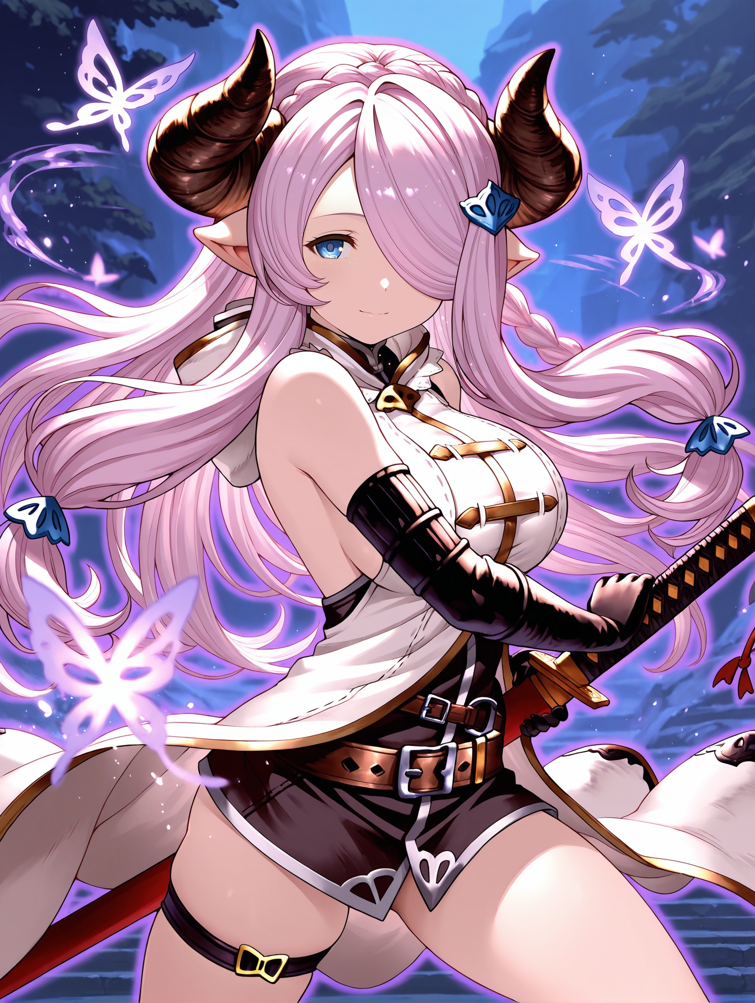 1girl, narmaya \(granblue fantasy\), petite, outdoors, fantasy background,  holding katana, glowing butterfly, light smile,  pose, fighting stance, purple  outline, light particles, battoujutsu stance, ,masterpiece,best quality,amazing quality,
