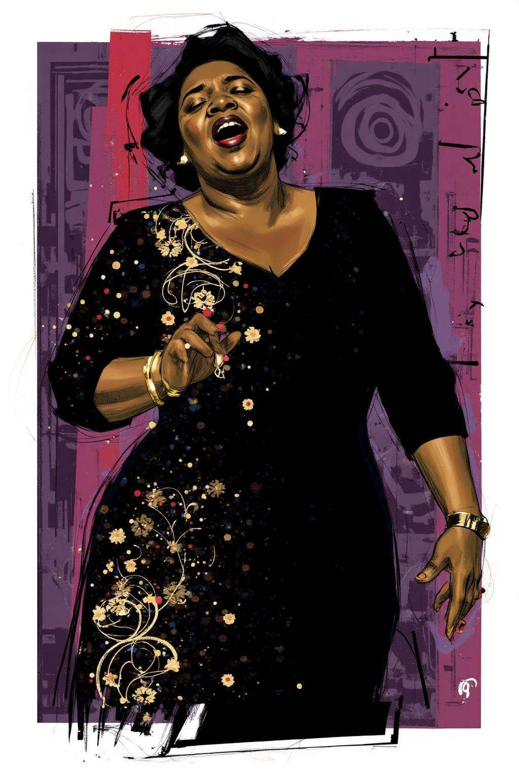 poster illustration.An African American woman in a black dress with gold floral patterns is singing,  her mouth open and o...