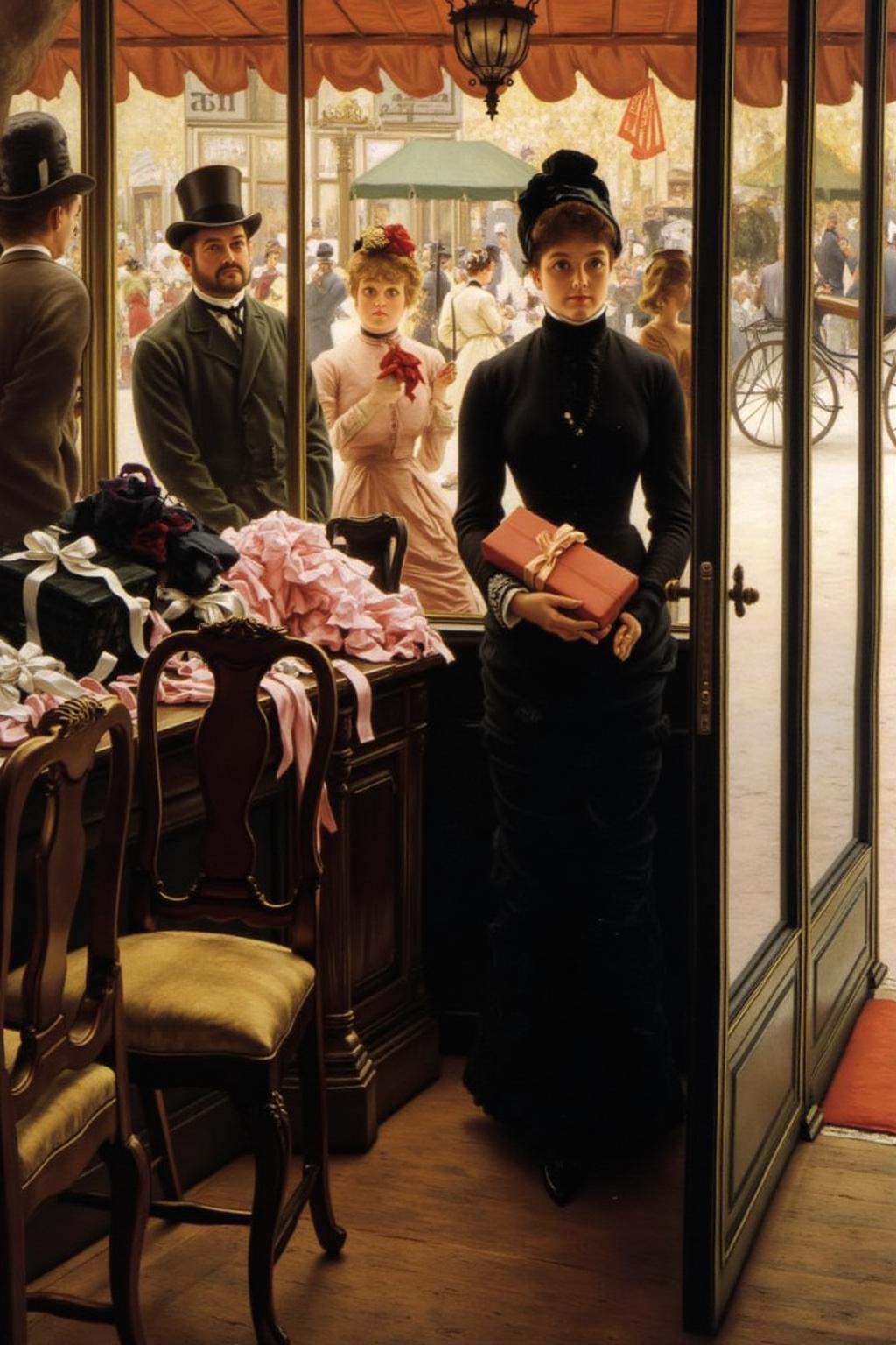 jati1 paintingA late 19th-century Victorian era scene inside an elegant boutique. The shop girl,  a young woman in a fitte...