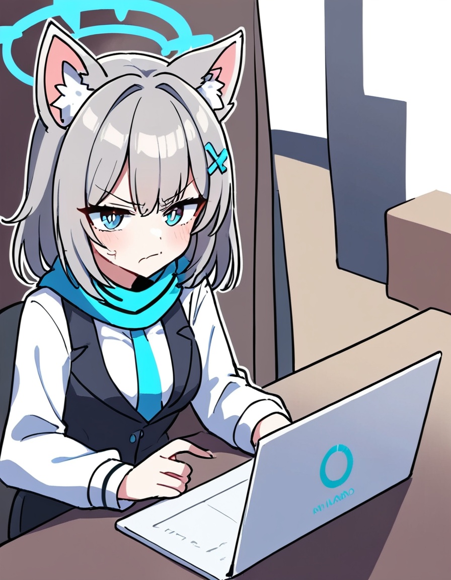 zmgwshnmspfd, 1girl, shiroko \(blue archive\), blue archive,zmgwshnmspfd, animal ear fluff, animal ears, bangs, grey hair, blue eyes, halo, hair ornament, cross hair ornament, mismatched pupils, medium hair, extra ears, breasts, medium breasts, laptop, scarf, solo, wolf ears, inverted cross, pink halo, pleated skirt, simple background, white shirt, shirt, long sleeves, necktie, computer, vest, blue scarf, blue necktie, white background, cross, black skirt, wolf girl, looking at viewer, shirt tucked in, blush, black vest, collared shirt, closed mouth, skirt<lora:zmgwshnmspfd:1>​​​