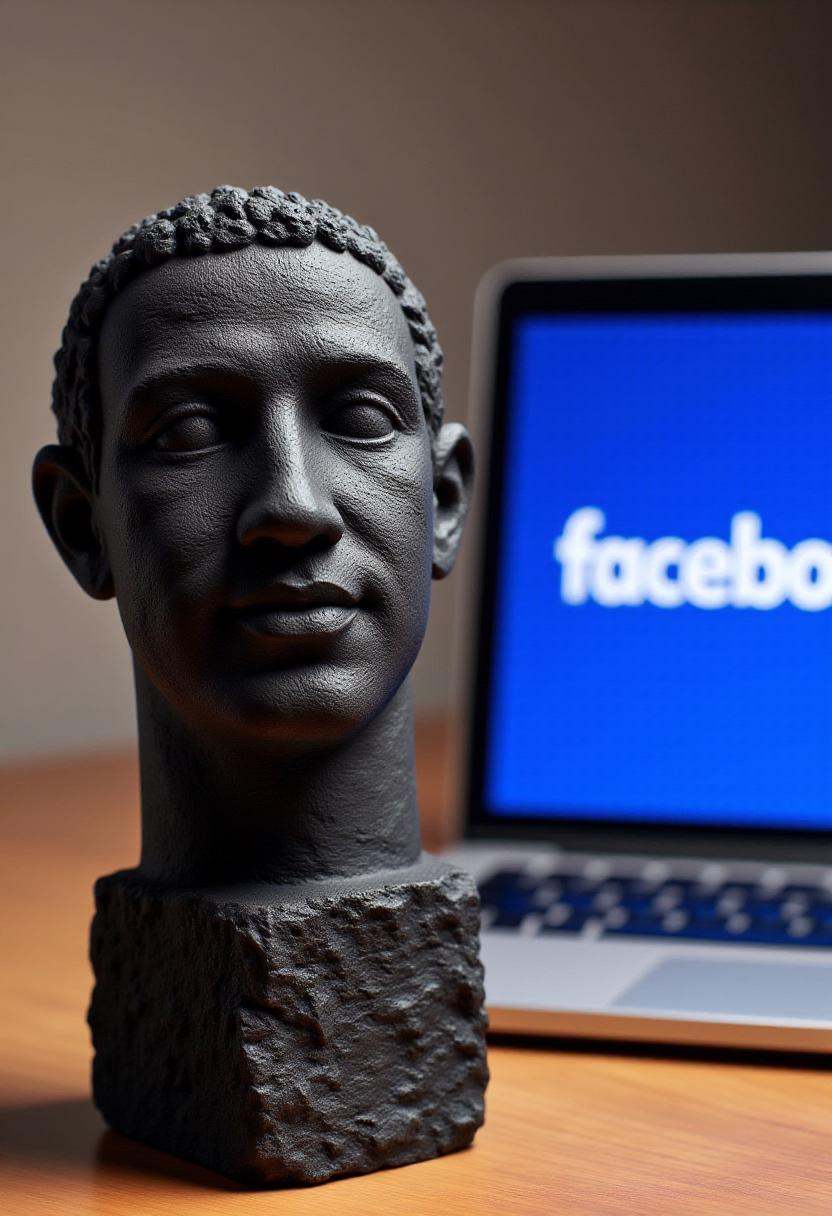 The image is a photograph of a coal statue of Mark Zuckerberg,  placed next to a laptop. The laptop has Facebook on the di...