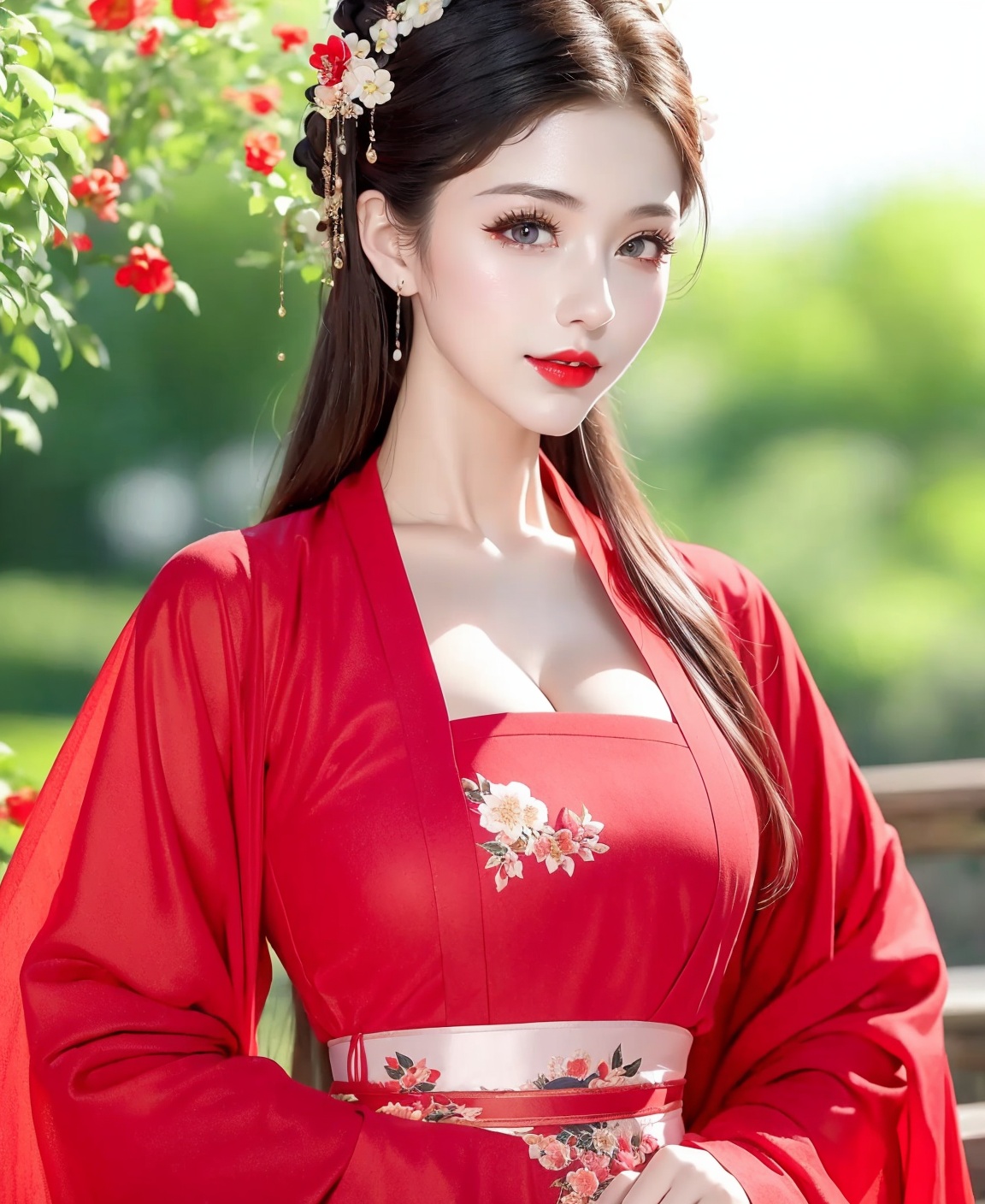 1girl, ,,Diamond Earrings , see-through, , floral_print, , solo, brown_hair, with heavy makeup，red lips，Moisturizing red lips，Hanfu，dress，(Garden background: 1.6)，，cleavage，close-up，Upper half photo ，(Close up of upper body: 1.3)， <lora:汉服齐腰吊带1.2:1>