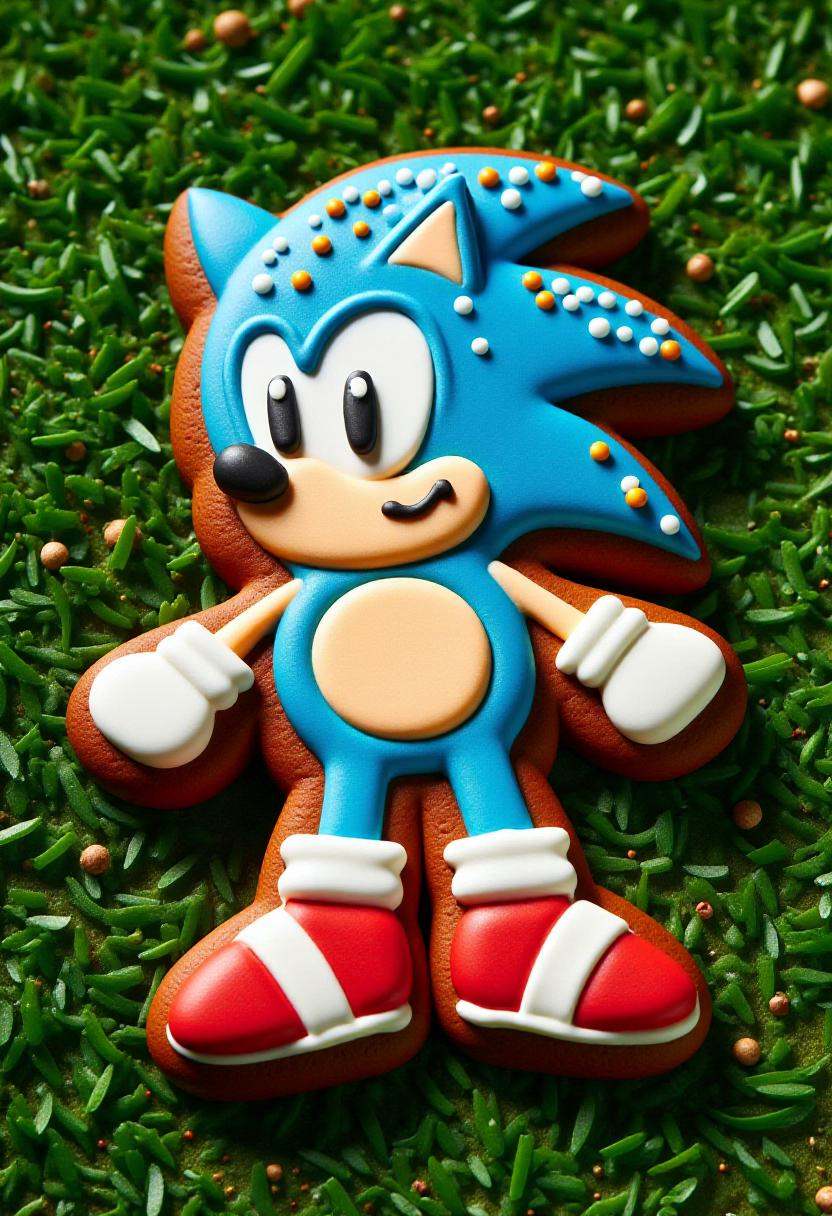This is a photograph of a intricately decorated gingerbread Sonic the Hedgehog,  placed flat on a green grass lawn. on Ten...