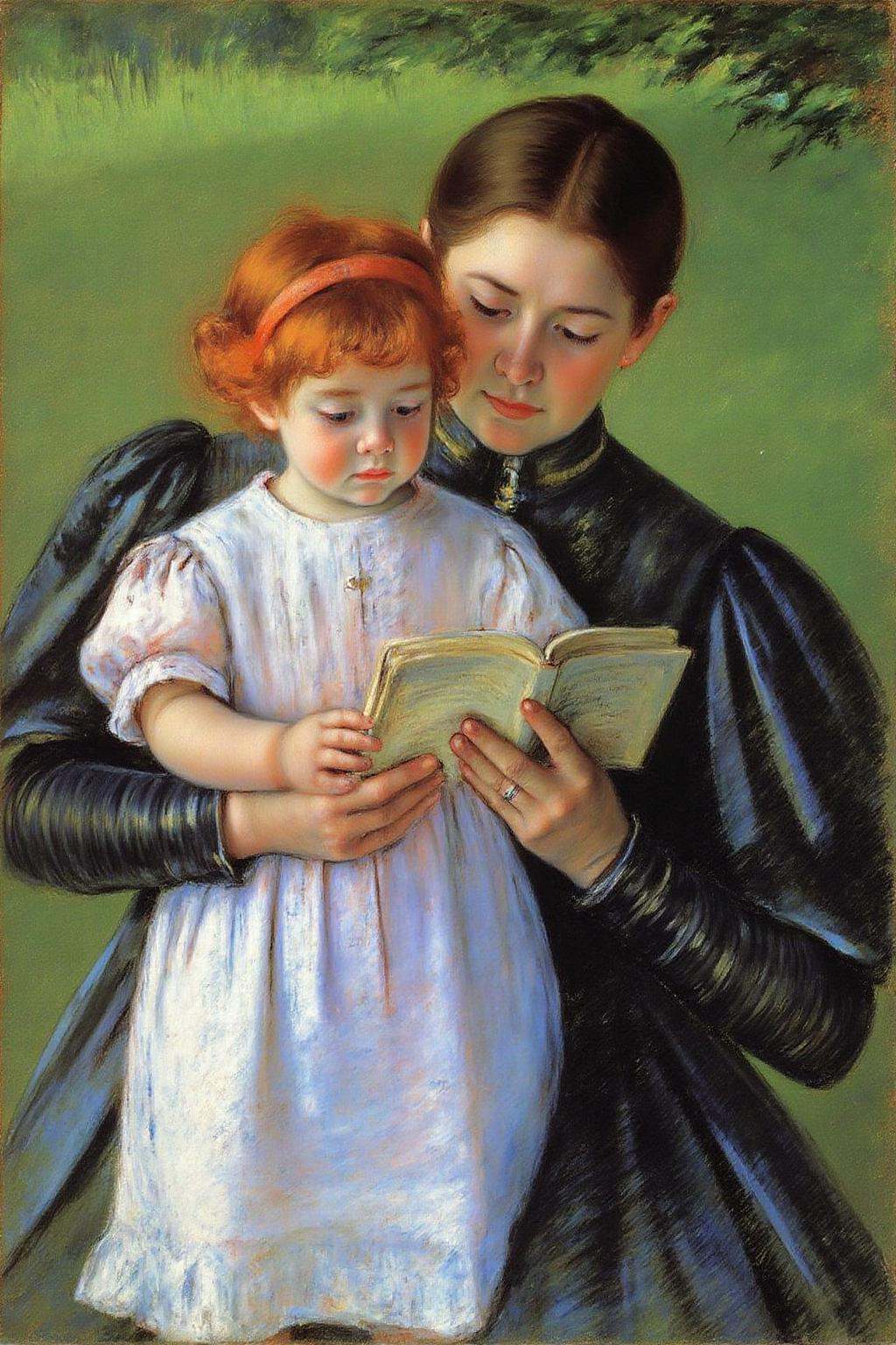 marycassatt1 painting.A tender moment between a young girl and an woman. the woman is reading a book to the child. on Tens...