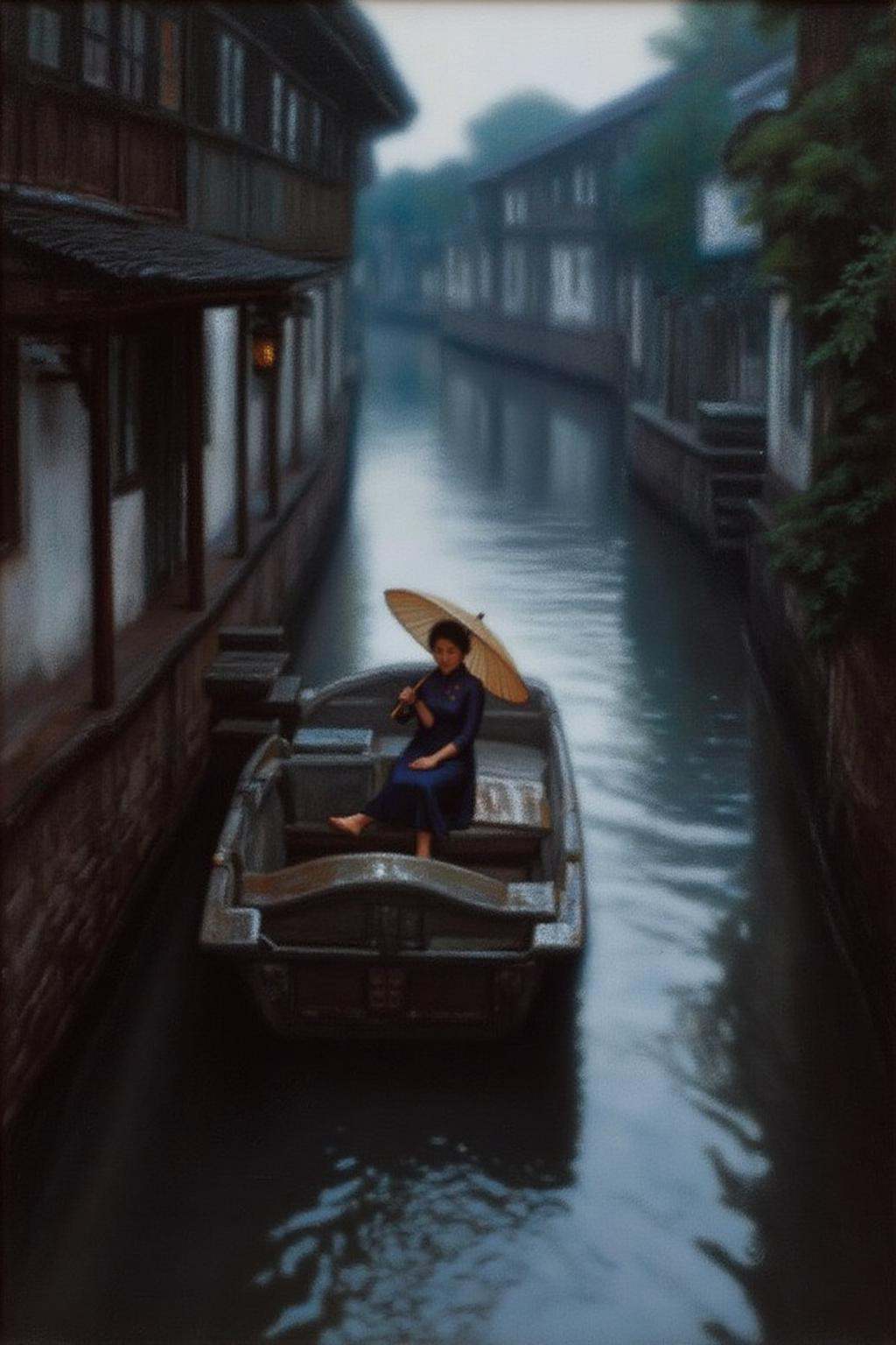 chenyifei2 painting of a woman sitting a flat-bottomed boat as it glides along a narrow canal. She is dress in cheongsam a...